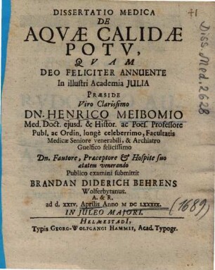 Dissertatio Medica De Aqvae Calidae Potv