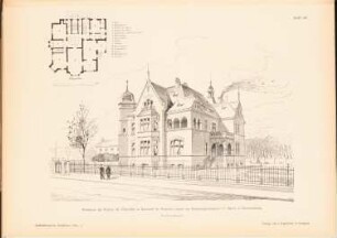 Wohnhaus des Herrn Pietschker, Bornstädt: Perspektivische Ansicht, Grundriss (aus: Architekt. Rundschau, hrsg.v. Eisenlohr & Weigle, 1894)