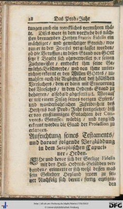 Aufrichtung seines Testaments, und darauf folgende Verglübdung in dem Seraphischen Capuciner-Orden.