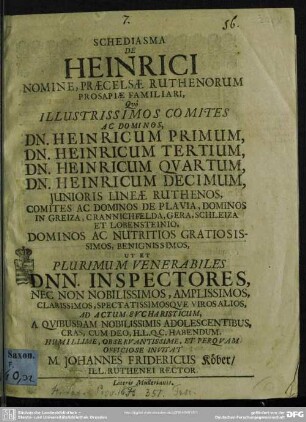 Schediasma de Heinrici nomine praecelsae Ruthenorum prosapiae familiari