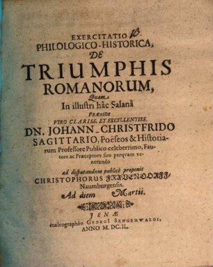 Exercitatio philologico-historica, de triumphis Romanorum