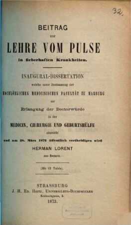 Beitrag zur Lehre vom Pulse in fieberhaften Krankheiten : Inaugural-Dissertation. (Mit 12 Tafeln.)
