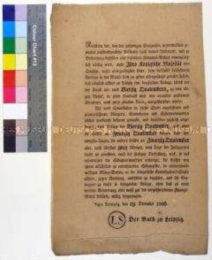Bekanntmachung des Rates zu Leipzig betreffend die Erhebung einer Sonderabgabe im Zuge der Besetzung Leipzigs durch französische Truppen