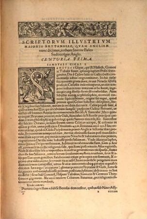 Scriptorvm Illustriu[m] maioris Brytanni[a]e, quam nunc Angliam & Scotiam uocant: Catalogus : à Iapheto per 3618 annos, usq[ue] ad annu[m] hunc Domini 1557. ex Beroso ... atq[ue] alijs authoribus collectus, & IX Centurias continens: In quo antiquitates, origines, annales ... cuiusq[ue] scriptoris facta, dicta, consilia, scripta ... recesentur ... Autore Ioanne Baleo Sudouolgio Anglo, Ossoriensi apud Hybernos iampridem Episcopo, nunc apud Germanos pro Christi professione peregrino. Accedunt his, Appendices .... [1]