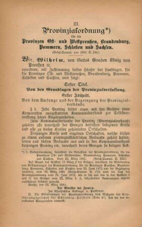 III. Provinzialordnung für die Provinzen Ost- und Westpreußen, Brandenburg, Pommern, Schlesien und Sachsen.