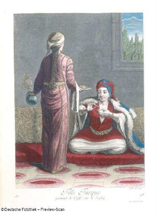 Fille Turque prenant le Caffé sur le Sopha : Haussard, Jean-Baptiste: Fille Turque prenant le Caffé sur le Sopha, Kupferstich, Radierung, koloriert mit Wasserfarben, Gold, Glimmer; 357 x 243 mm. Dresden: Kupferstich-Kabinett B 1792, 3 Bl. 48