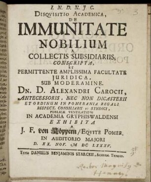Disquisitio Academica, De Immunitate Nobilium A Collectis Subsidiariis