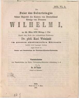 Verzeichniss von Handschriften der Kieler Universitäts-Bibliothek Abtheilung 1 - 4