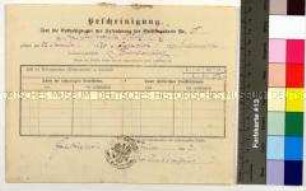 Bescheinigung des Amtes Friedrichsort über geleistete Beitragswochen des Schlossergesellen Adolf Sy für die Rentenversicherung