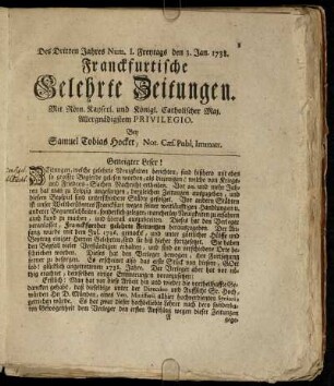 Num. I. Freytags den 3. Jan. 1738 - Num. X. Dienstags den 4. Febr. 1738