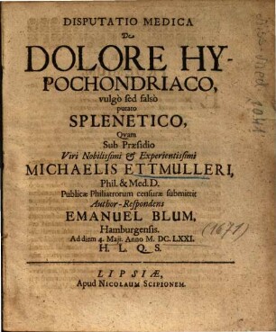 Disputatio Medica De Dolore Hypochondriaco, vulgo sed falso putato Splenetico