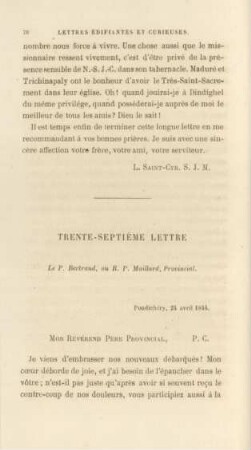 Trente-septième lettre. Le P. Bertrand, au R. P. Maillard, Provincial