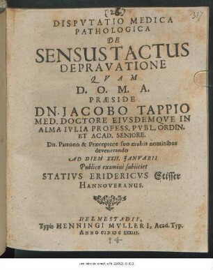 Disputatio Medica Pathologica De Sensus Tactus Depravatione