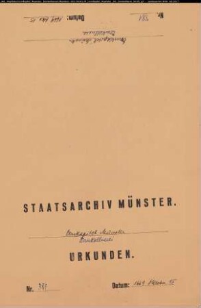 Burchard von Oer, Herr zu Kakesbeck und Dinkelburg, läßt die Eigenhörige Elske Steinemans, natürliche Tochter Henrich Steinemans und Cathrinen Boden, die dem Haus Kakesbeck gehörte, frei. Siegelankündigung. So geschehen Kakesbeck. Unterschrift des Ausstellers.