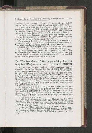 Die gegenwärtige Verbrei=tung des Weißen Storches in Schleswig=Holstein.