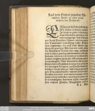 Karl von Gottes genaden Römischer Keiser zu allen zeiten mehrer des Reichs etc.