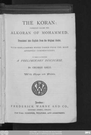 The Koran : commonly called the Alkoran of Mohammed