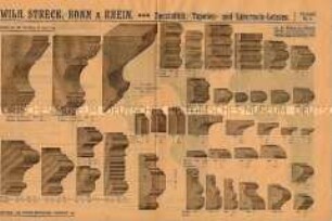 Werbeprospekt Nr. 6 der Firma Wilhelm Streck, Bonn für Tapetenleisten und Gardienenstangen aus Holz; 1905/1906