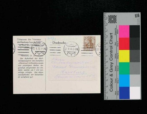 Nachrichten über den Reiseverlauf an die Familie in Hamburg - Weltreisen der Hamburg-Amerika Linie.- Telegramm des Vertreters der Hamburg-Amerika Linie an Bord des Dampfers "Cleveland".