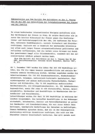 Dokumentation aus dem Bericht des Politbüros an die 3. Tagung des ZK der SED zur Entwicklung der Lebensbedingungen der Frauen und der Familie