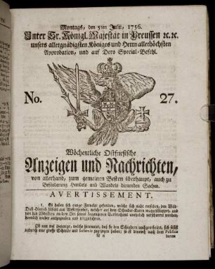 No. 27. Montags, den 5ten Julii, 1756.