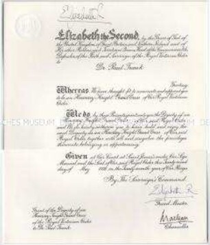 Verleihungsurkunde zum Königlichen Victoria-Orden (Royal Victorian Order), Großkreuz