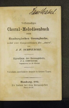 Vollständiges Choral-Melodieenbuch zum Hamburgischen Gesangbuche : nebst 4 Compositionen des "Amen"