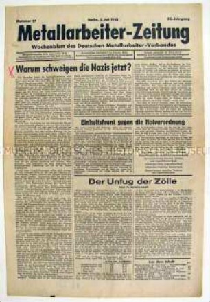Wochenzeitung des Deutschen Metallarbeiter-Verbandes u.a. zum Kampf gegen die Notverordnungen