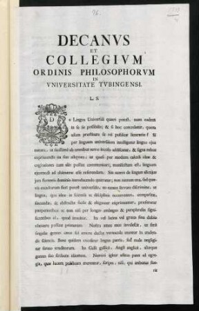 Decanvs Et Collegivm Ordinis Philosophorvm In Vniversitate Tvbingensi. L. S.