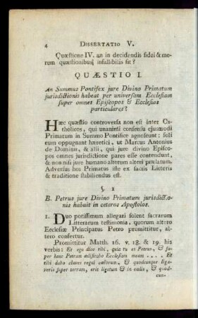 Quaestio I. An Summus Pontifex jure Divino Primatum ...