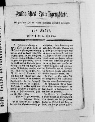 11tes Stück, Ausgabe vom 14. März 1804