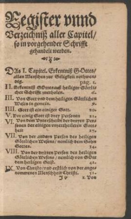 Register unnd Verzeichniß aller Capitel/ so in vorgehender Schrifft gehandelt werden.