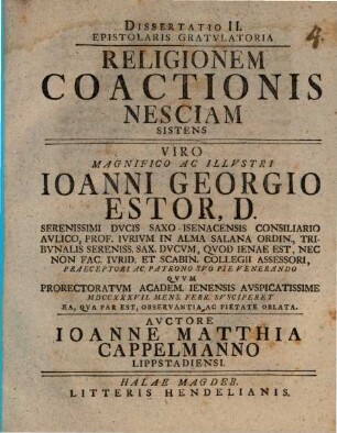 Diss. ... epistol. gratulatoria religionem coactionis nesciam sistens, 2