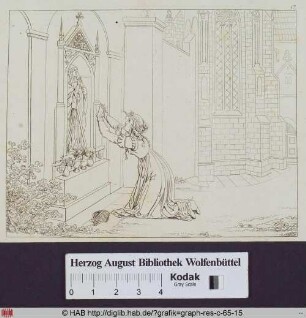 Gretchen kniet vor einem Standbild der Mater Dolorosa und betet flehentlich.