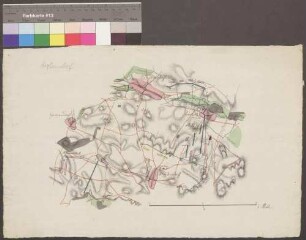 Stephansdorf; [ohne Titel; Manöverkarte]; ohne Verfasser; 1/2 Meile = 15,8 cm; 44 x 28 cm; Kartenrand: Stephansdorf; Giesmannsdorf; Heydersdorf; Pfeffersteg; Papier; Federzeichnung mit Schraffen; Siedlungen, Gewässer und Talauen in Wasserfarben; Truppenstellungen.