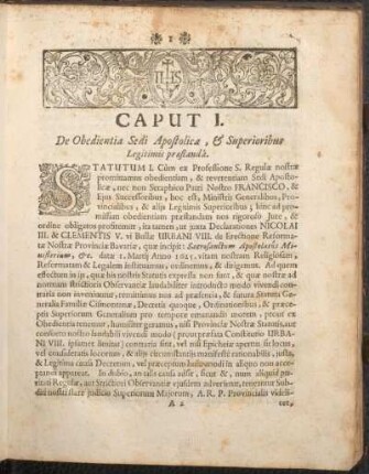 Caput I. De Obedientia Sedi Apostolicae, & Superioribus Legitimis praestanda.