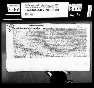 Pfalzgraf Ott Heinrich bei Rhein belehnt den Grafen Wolfgang zu (Leuwenstein) Löwenstein, Herren zu Scharfeneck, mit der Herrschaft Scharfeneck.