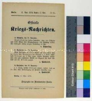 Kriegsdepesche des Norddeutschen Bundes über die Kriegsereignisse vom 10.11.1870 in Neubreisach, an der Loire und bei Orléans