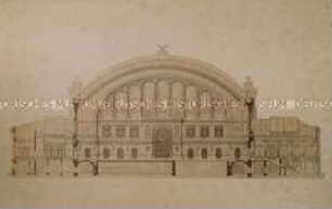 Anhalter Bahnhof in Berlin, Aufriss durch Wartesaal I. und II. Klasse, Bahnhofshalle und Ausgangs-Vestibül
