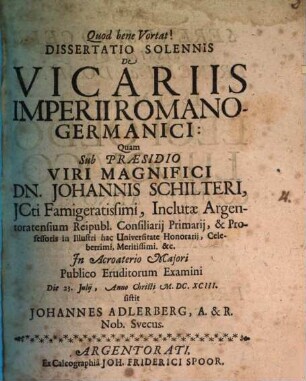 Dissertatio solennis de vicariis Imperii Romano-Germanici