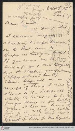 Briefe von Morris Jastrow an Carl Bezold: Karte von Morris Jastrow an Carl Bezold