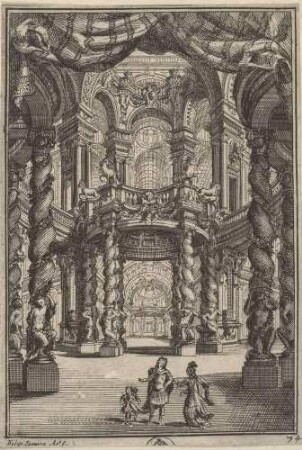 Bühnenbild für die Oper „Teodosio il Giovane“ von Filippo Amadei im Teatro Ottoboni des Palazzo della Cancelleria in Rom im Jahr 1711 (Akt 3, Szene 14: Festsaal für die Hochzeit von Teodosio und Atenaide)
