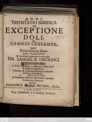 Disputatio Juridica De Exceptione Doli In Cambiis Cessante