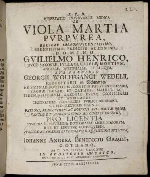 Dissertatio Inauguralis Medica De Viola Martia Purpurea