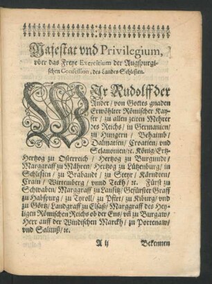 Majestat und Privilegium, uber das Freye Exercitium der Augspurgischen Confession, des Landes Schlesien.