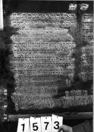 Grabstein 1573 (Index: 99903540) Material: Sandstein Maße HxBxT: 144x99x24 cm Besonderheit: kulturhistorisch wertvoll / hist.-wiss. Gründe (Gemeindestellung von Samuel); - Doppelgrab für Eheleute: Grabstein 1573 (Detailaufnahme 2)