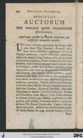 Indiculus Auctorum tam veterum quam recentiorum plerorumque, apud quos eadem hae Fabulae habentur, interspersis nonnullis notulis.