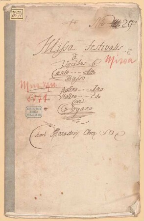 Missa Festivalis, V (3), vl (2), org, G-Dur - BSB Mus.ms. 5071-2 : [dust cover title:] Missa Festivalis // a // Vocibus 6. // Canto Alto // Basso // Violino 1mo // Violino 2do // Con // Organo