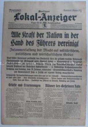 Tageszeitung "Berliner Lokal-Anzeiger" zur Übernahme der Oberbefehls der Wehrmacht durch Hitler und weiteren Umbesetzungen in der Regierung