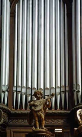 Frankreich. Alsace. Bas Rhin. Guebwiller. Eglise Notre Dame innen. Orgel. Detail
